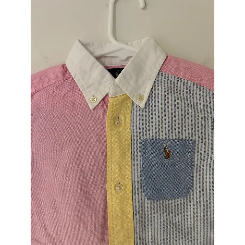 Ralph Lauren Cotton Oxford Fun Shirt Boys Color Block Pink Yellow Blue 3T Polo